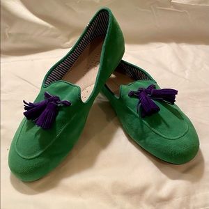 Charles Phillips Shanghai. Green Suede with Vibrant Purple Tassel. Women’s 9.5